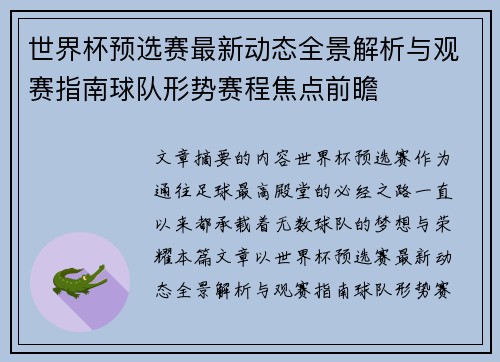 世界杯预选赛最新动态全景解析与观赛指南球队形势赛程焦点前瞻