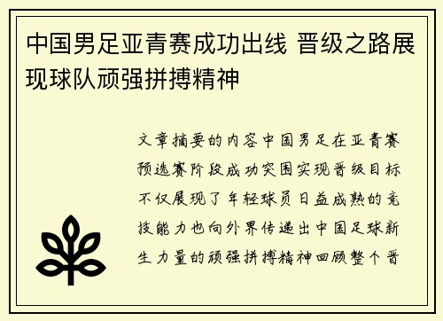 中国男足亚青赛成功出线 晋级之路展现球队顽强拼搏精神