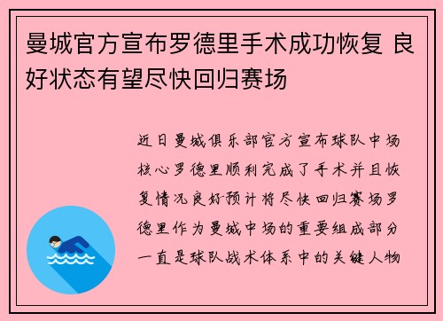 曼城官方宣布罗德里手术成功恢复 良好状态有望尽快回归赛场 曼城官方宣布罗德里手术成功恢复 良好状态有望尽快回归赛场